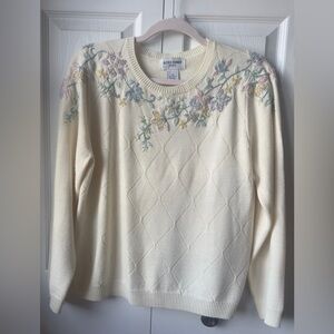Vintage Alfred Dunner Crewel Embroidered Pastel Flowers Cottagecore Sweater